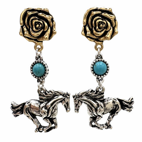 Gold Rose Turquoise Stone Silver Horse Earrings
