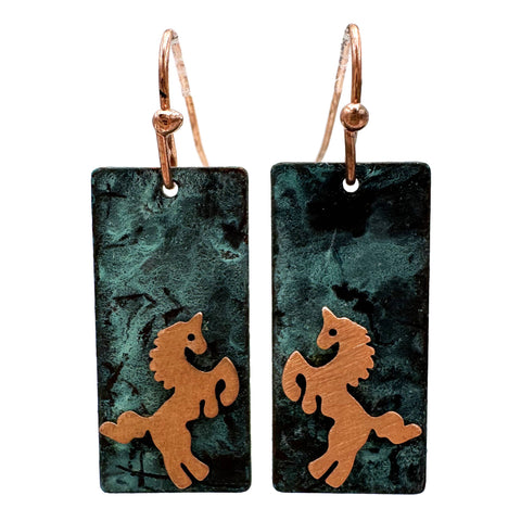 Patina Copper Horse Rustic Brass Earrings