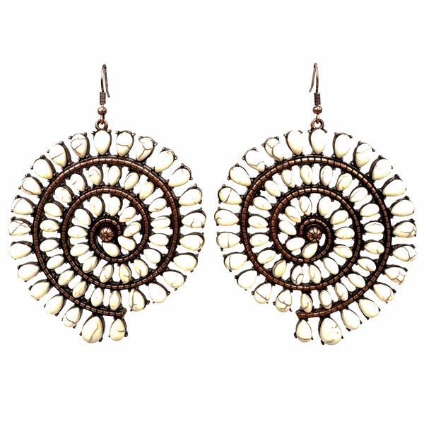 Huge Navajo Cabochon Howlite Copper Spiral Earrings
