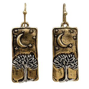 Starry Night Moon Tree of Life Bar Earrings