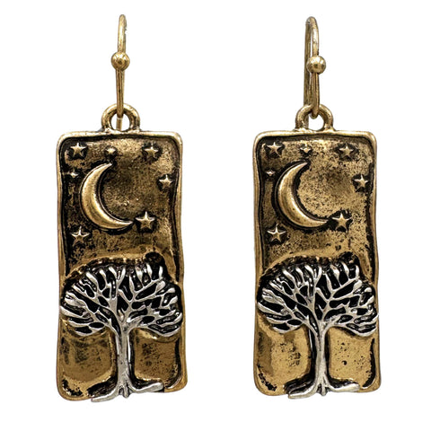 Starry Night Moon Tree of Life Bar Earrings