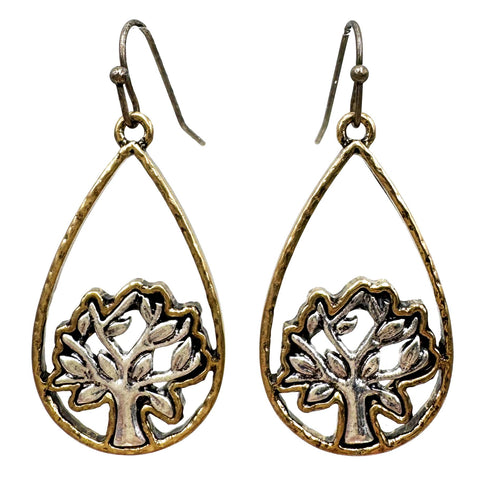 Teardrop Tree of Life Metal Earrings