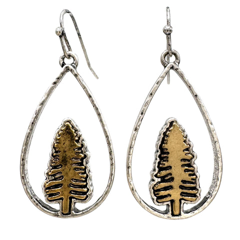 Teardrop Pine Tree Metal Earrings