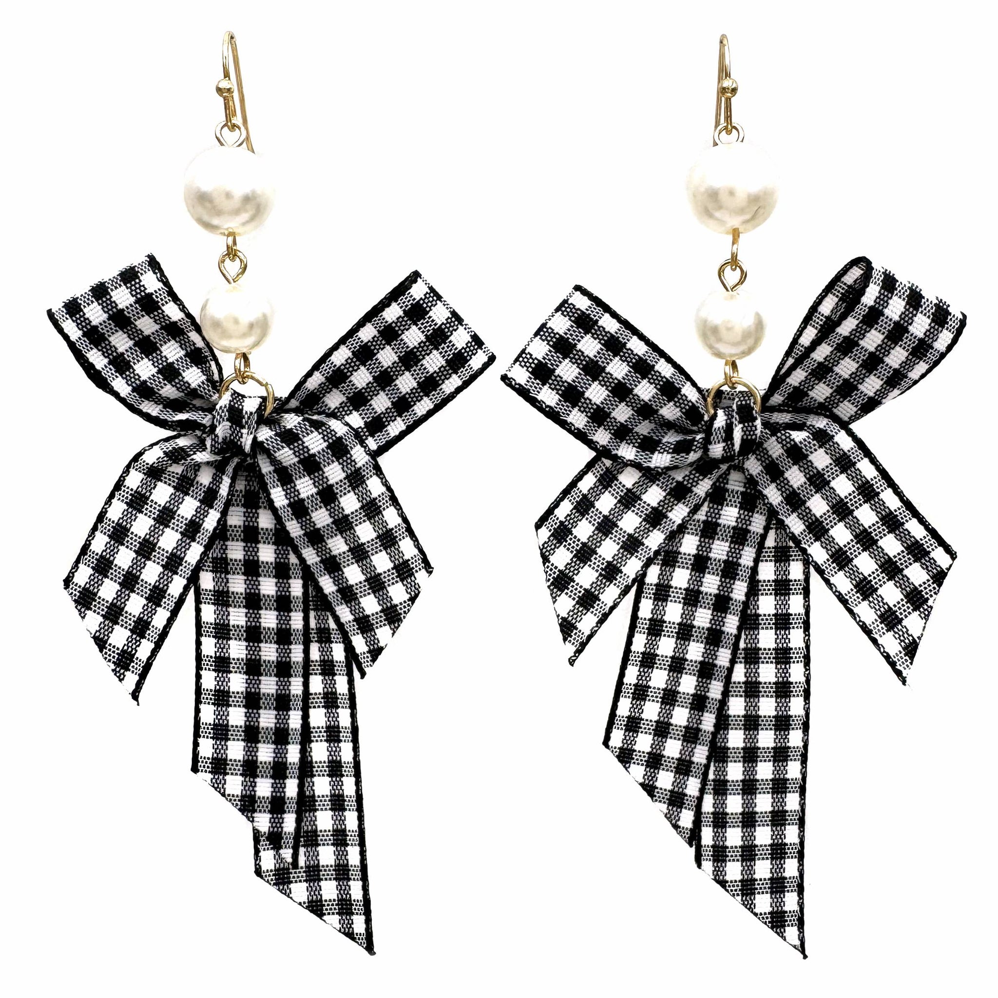 Checkered Ribbon with Pearl Earrings