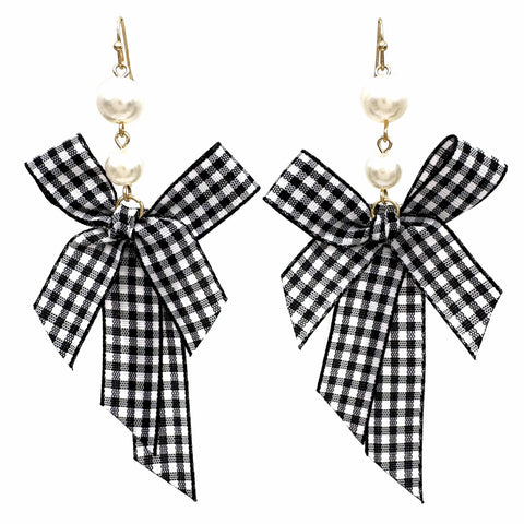 Checkered Ribbon with Pearl Earrings