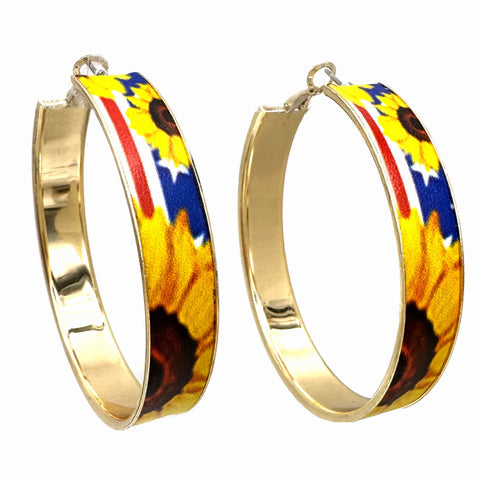 Sunflower Red White Blue Flag Gold Hoop Earrings