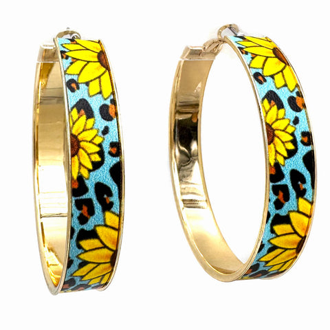 Sunflower Leopard Turquoise Gold Hoop Earrings