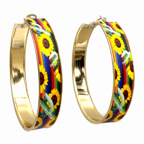 Sunflower Cactus Navajo Colorful Gold Hoop Earrings