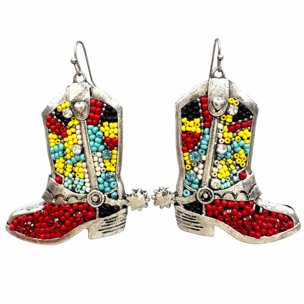 Seed Bead Cowboy Boots Spur Metal Earrings