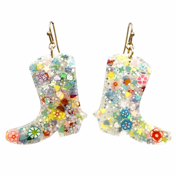 Colorful Flower Resin Cowboy Boot Earrings