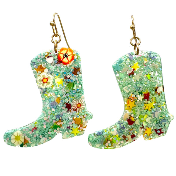 Colorful Flower Resin Cowboy Boot Earrings