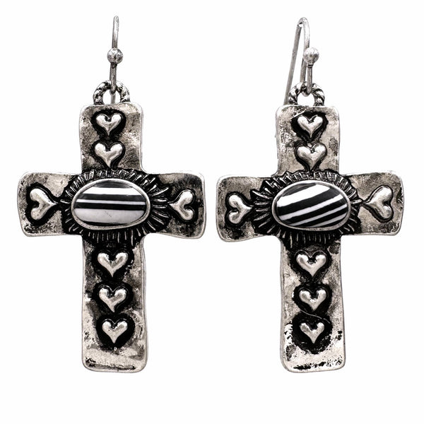 Cross Heart Turquoise Striped Stone Earrings