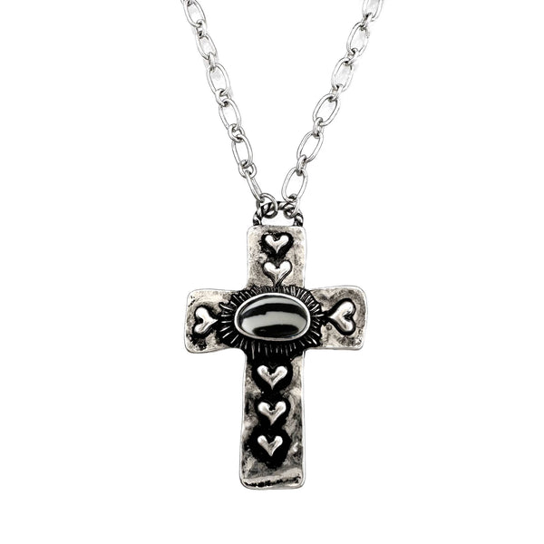 Cross Heart Turquoise Striped Stone Necklace