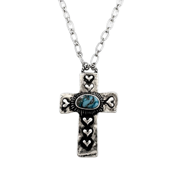 Cross Heart Turquoise Striped Stone Necklace
