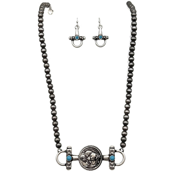 Horsebit Buffalo Coin Western Necklace Earrings Set