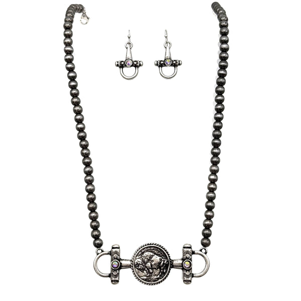 Horsebit Buffalo Coin Western Necklace Earrings Set