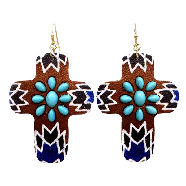 Turquoise Stones Flower Chevron Leather Cross Earrings