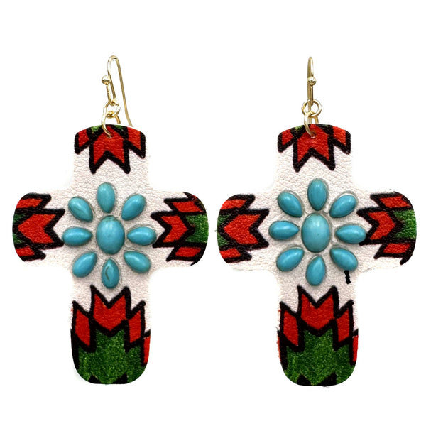 Turquoise Stones Flower Chevron Leather Cross Earrings