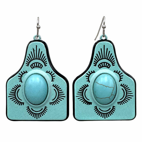Turquoise Stone Ceramic Cowtag Earrings