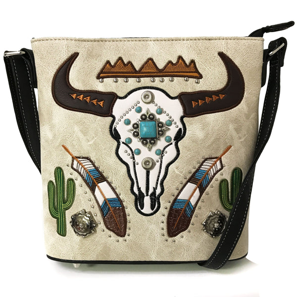 Longhorn Feather Cactus Embroidery Messenger Purse