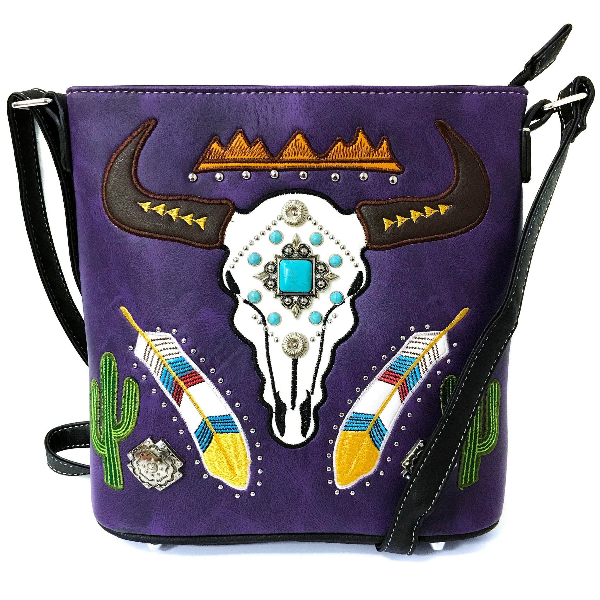 Longhorn Feather Cactus Embroidery Messenger Purse