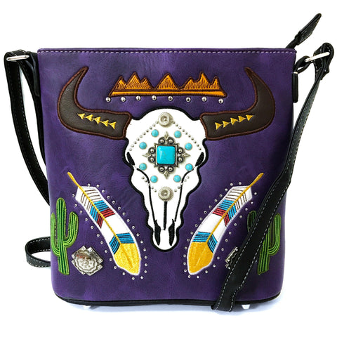 Longhorn Feather Cactus Embroidery Messenger Purse