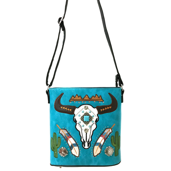 Longhorn Feather Cactus Embroidery Messenger Purse