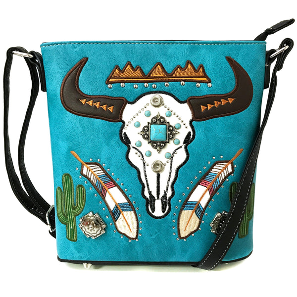 Longhorn Feather Cactus Embroidery Messenger Purse
