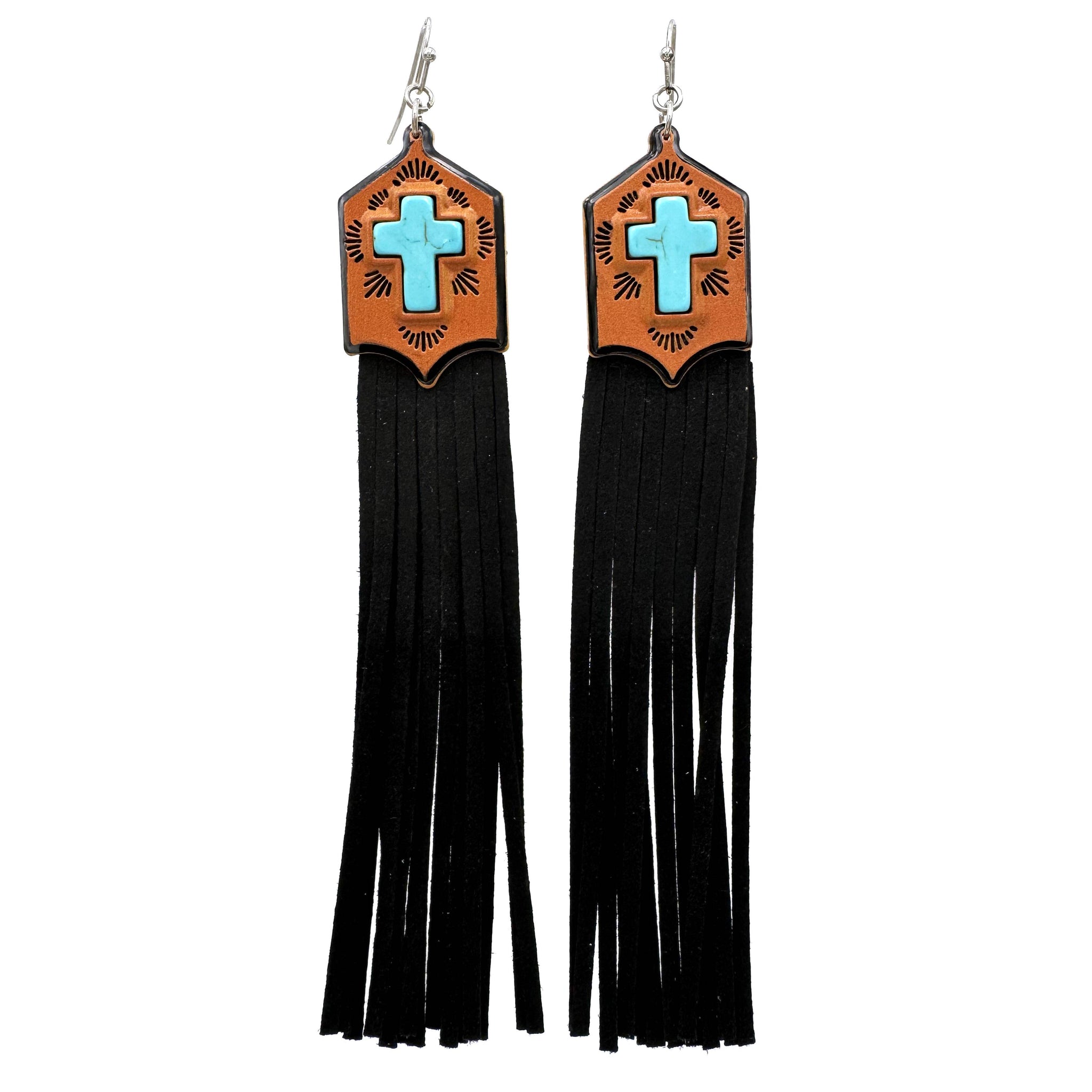Turquoise Cross Suede Fringe Earrings