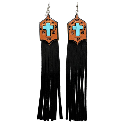 Turquoise Cross Suede Fringe Earrings
