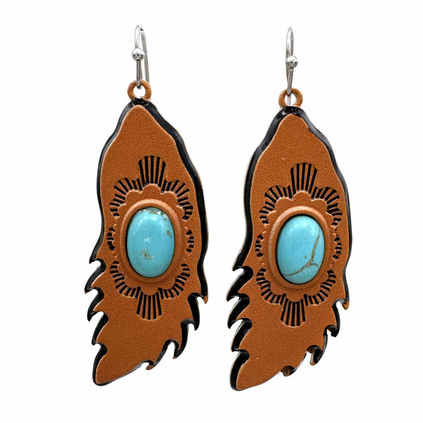 Turquoise Stone Ceramic Feather Earrings