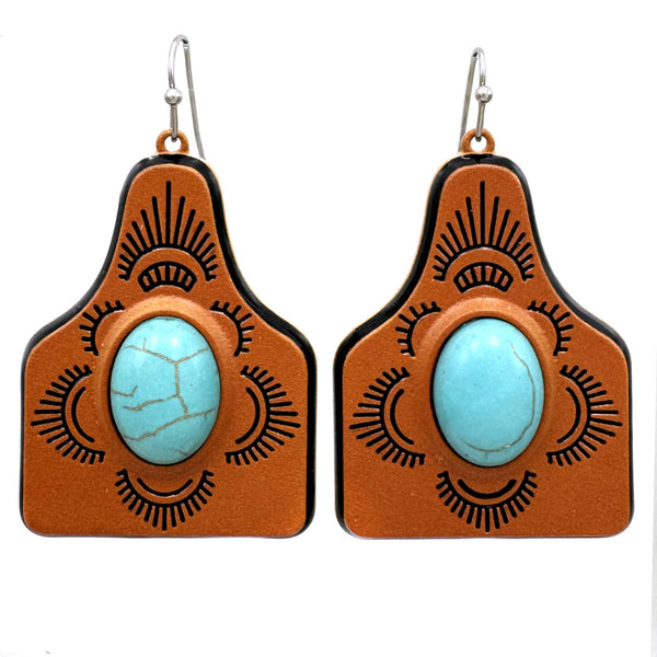 Turquoise Stone Ceramic Cowtag Earrings