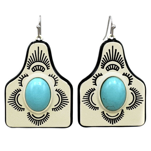 Turquoise Stone Ceramic Cowtag Earrings