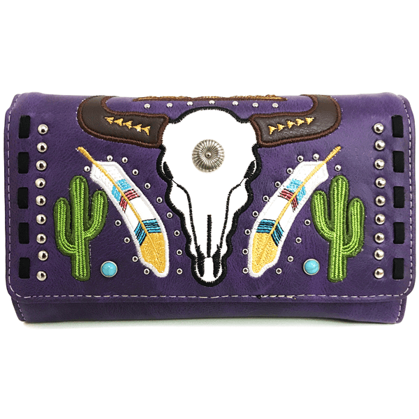 Longhorn Feather Cactus Embroidery Crossbody Wallet