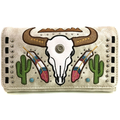 Longhorn Feather Cactus Embroidery Crossbody Wallet