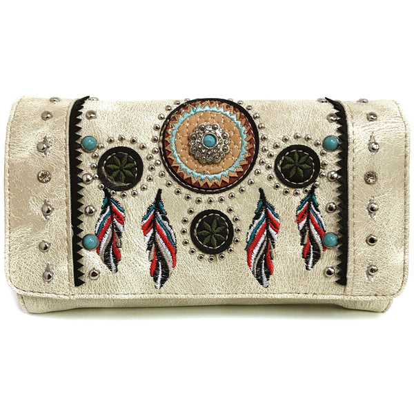 Embroidered Dream Catcher Native Feathers Crossbody Wallet