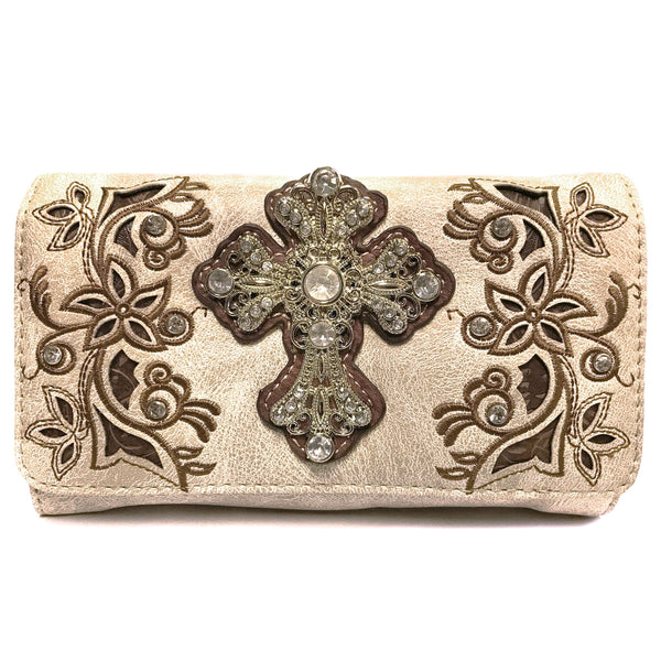 Rhinestone Cross Women Floral Embroidery Crossbody Wallet