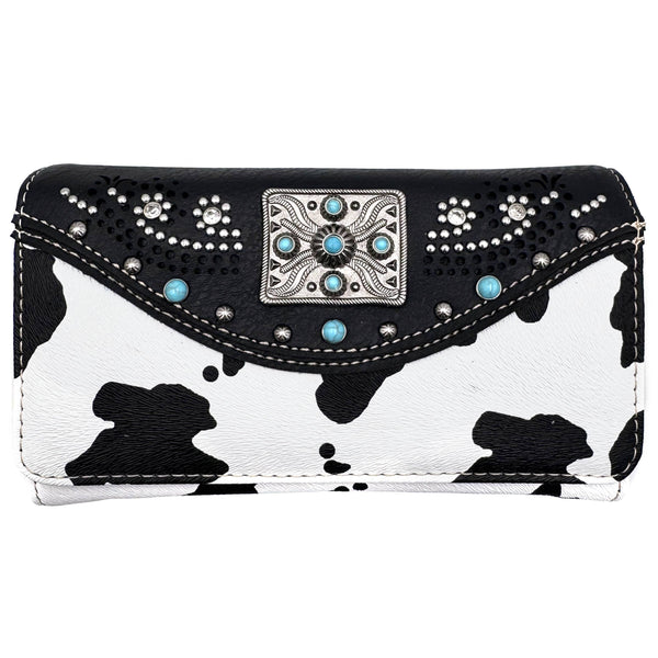 Rectangle Concho Cow Print Western Crossbody Wallet