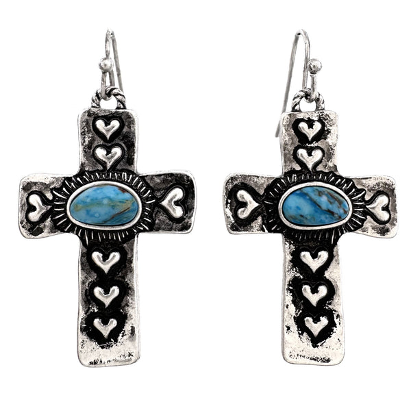 Cross Heart Turquoise Striped Stone Earrings