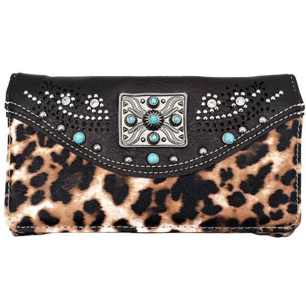 Rectangle Concho Leopard Print Western Crossbody Wallet