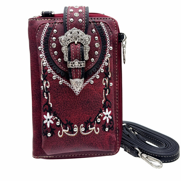 Crown Buckle Western Embroidered Floral Phone Wallet