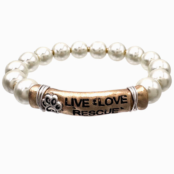 Live Love Rescue Dog Paw Pearl Stretch Bracelet