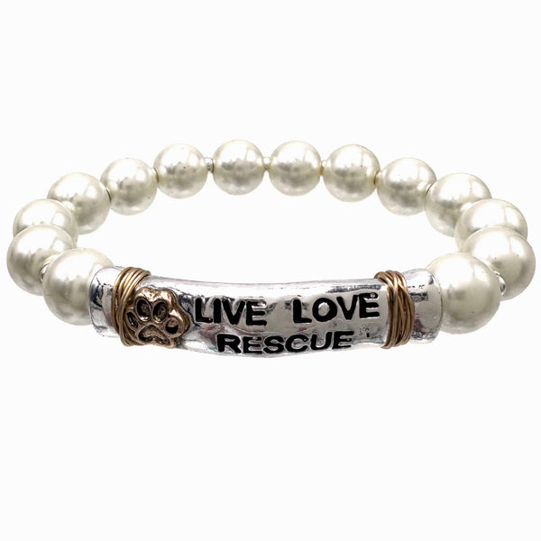Live Love Rescue Dog Paw Pearl Stretch Bracelet