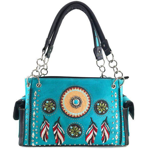 Embroidered Dream Catcher Native Feathers Handbag Purse