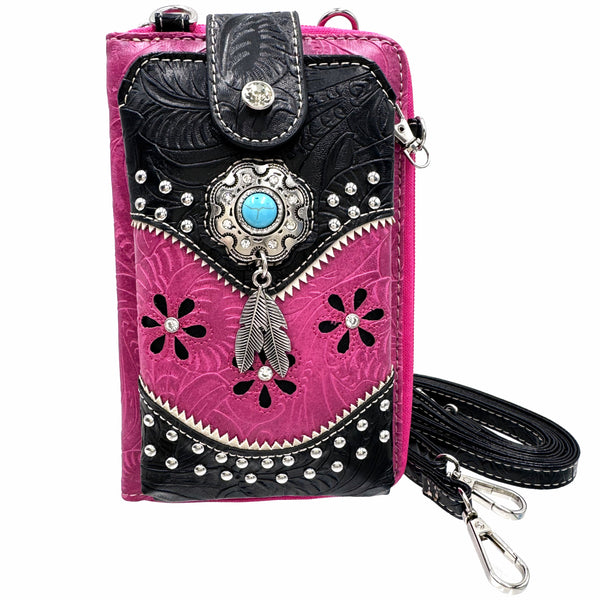 Turquoise Stone Feather Tooled Leather Western Phone Wallet