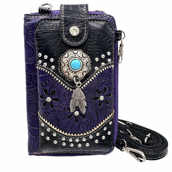 Turquoise Stone Feather Tooled Leather Western Phone Wallet