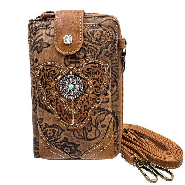 Women Western Floral Damask Medallion Crossbody Phone Wallet
