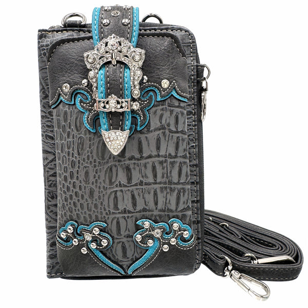 Croc Pu Leather Buckle Western Crossbody Phone Wallet