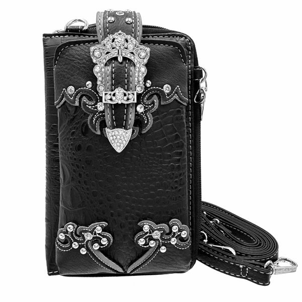 Croc Pu Leather Buckle Western Crossbody Phone Wallet
