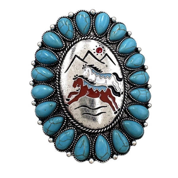 Western Horse Art Turquoise Stone Floral Large Ring